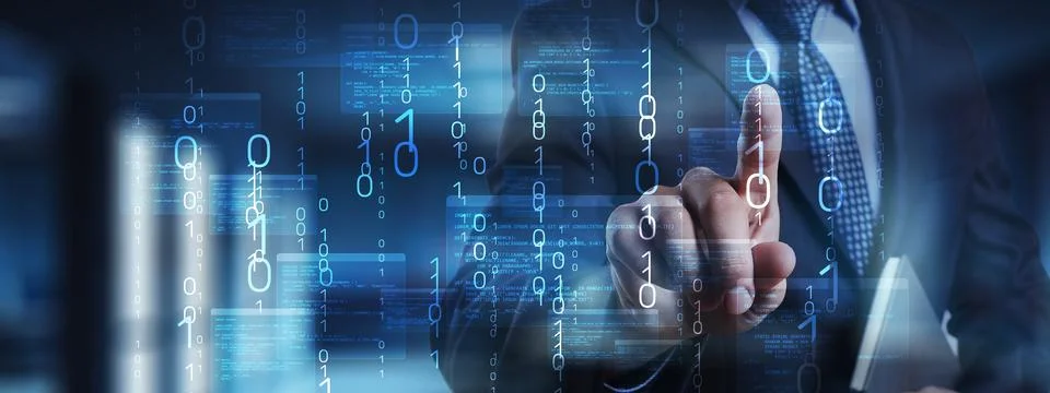 Binary Code and Software Programming Visualization with Interactive Digital I Stock Photos