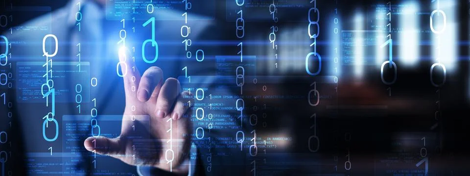 Binary Code and Software Programming Visualization with Interactive Digital I Stockfoto's