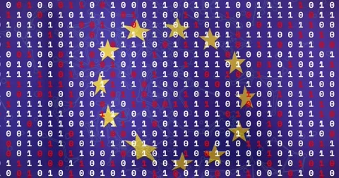 Binary code and stars animation over blue background with red arrows Stock Footage 330288253