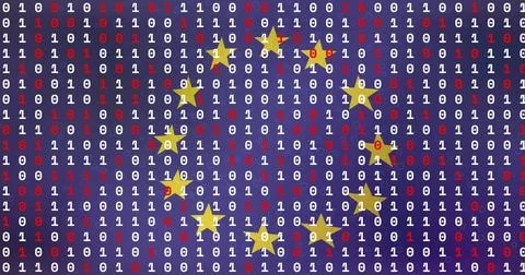 Binary code and stars image over blue background with red arrows Stock Photos