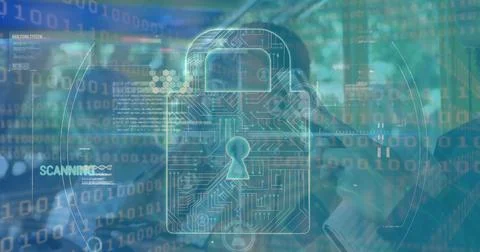 Binary code and technology interface with transparent lock for digital security Stock Photos