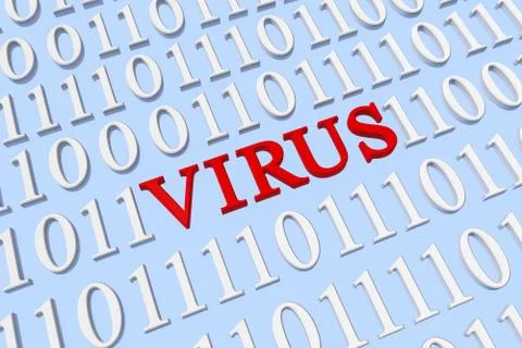 Binary code and Virus word in red color on blue technology background. 3D Illustrazione stock