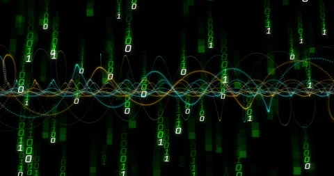 Binary code and wave patterns intertwining in digital data processing animation Video stock 304841246