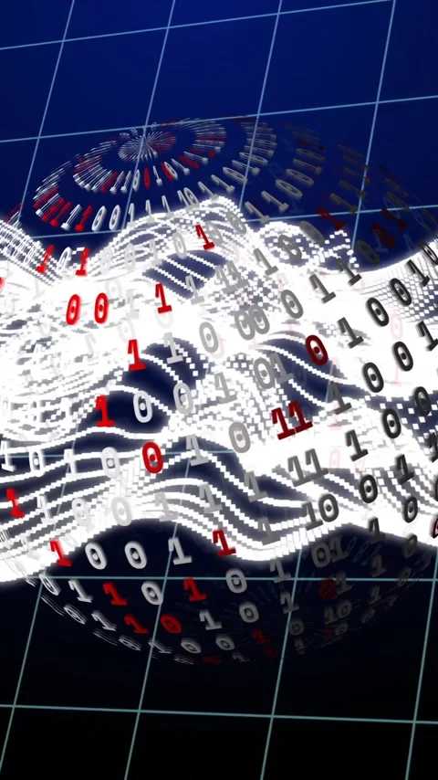 Binary code and wave patterns animation over grid background Video stock 342954299