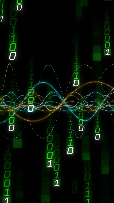 Binary code and wave patterns intertwining in digital data processing animation Vídeos de archivo 344404296