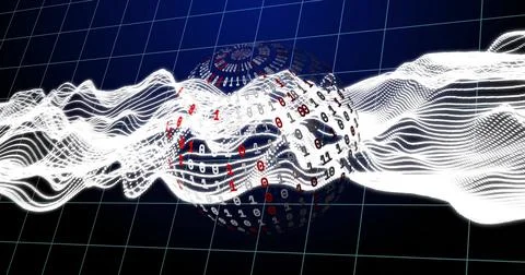 Binary code and wave patterns image over grid background Stock Illustration