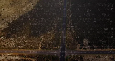 Binary code animation over aerial view of rural road and landscape Video stock 305884345