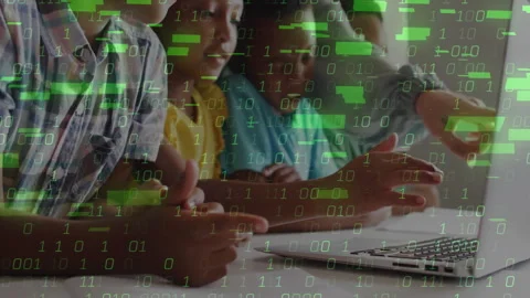 Binary code animation over children using laptop and learning together Stock Footage 303685184