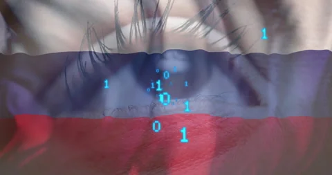 Binary code animation over close-up of eye with Russian flag colors Video stock 304767049