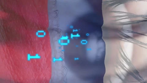 Binary code animation over close-up of eye with Russian flag colors Video stock 312470909