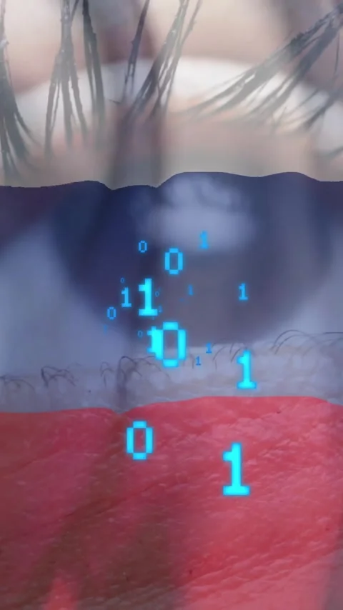 Binary code animation over close-up of eye with Russian flag colors Video stock 323780918