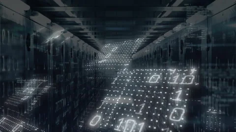 Binary code animation over data center servers in futuristic hallway Stock Footage 303616161