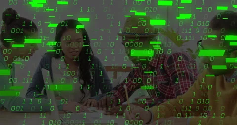 Binary code animation over diverse team collaborating at office desk Video stock 303607935