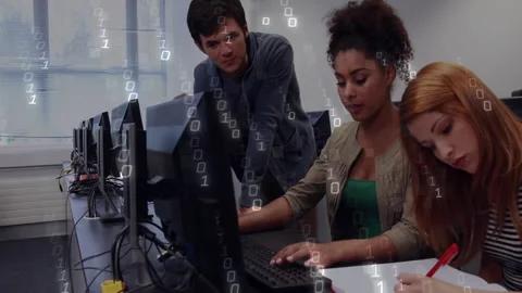 Binary code animation over diverse students working on computers in classroom Stock Footage 303878068
