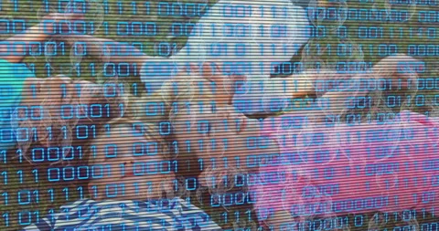 Binary code animation over diverse group of people taking selfie outdoors Stock Footage 305832557
