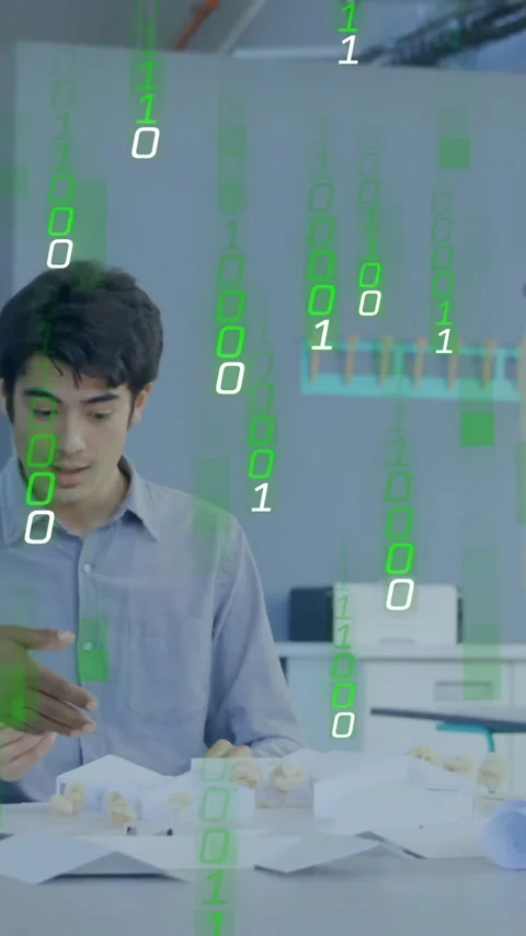 Binary code animation over diverse engineers working on architectural plans in Video stock 343128887