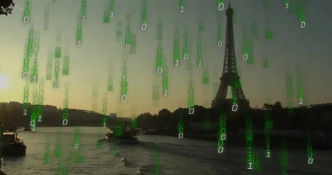 Binary code animation over Eiffel Tower and Seine River at sunset Stock Footage 305864748