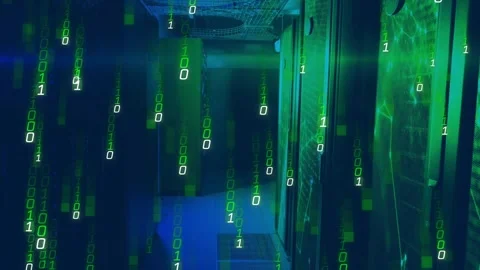 Binary code animation over futuristic data center with glowing green lights Stock Footage 326631722