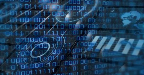 Binary code animation over globe and digital elements on abstract technology Stock Footage 303739855