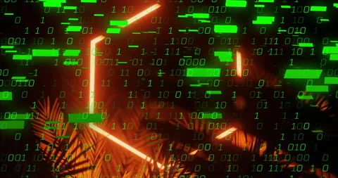 Binary code animation over neon lights and abstract shapes Stock Footage 305816436