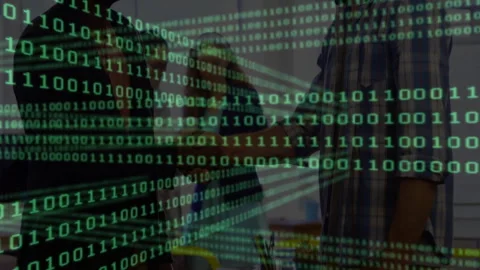 Binary code animation over people shaking hands in office setting Stock-Footage 303428791