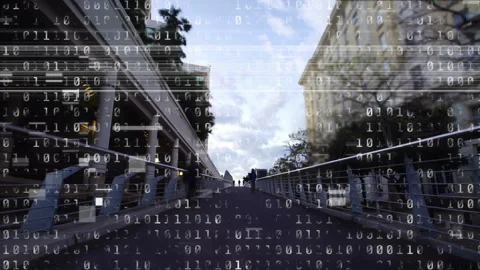 Binary code animation over people walking on city street 스톡 동영상 305894022