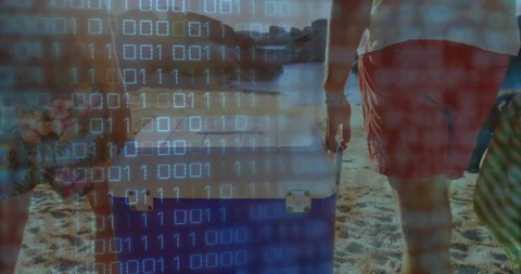 Binary code animation over people carrying cooler on sandy beach Stock Footage 306215267
