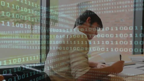 Binary code animation over person studying at desk near window Stock Footage 305432720