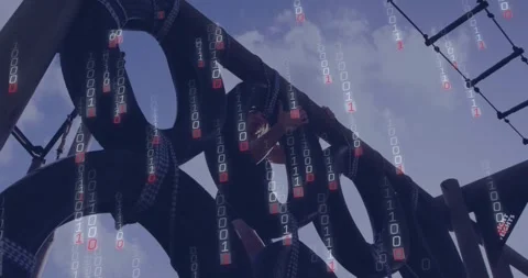 Binary code animation over person climbing on outdoor playground structure Stock Footage 330337308