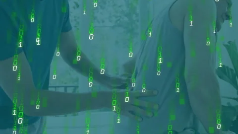 Binary code animation over physical therapist assisting patient with back pain Stock Footage 305292495
