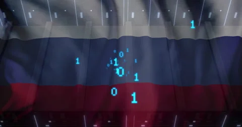 Binary code animation over Russian flag in stadium during sports event Stock Footage 304767077