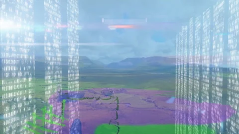 Binary code animation over scenic landscape with mountains and fields Stock Footage 305029743