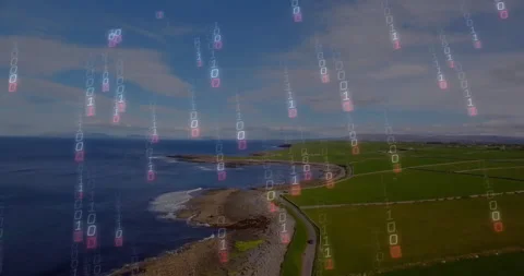 Binary code animation over scenic coastal landscape with ocean and fields Stock Footage 306214247