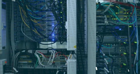 Binary code animation over server racks with cables and blinking lights Stock Footage 304021783