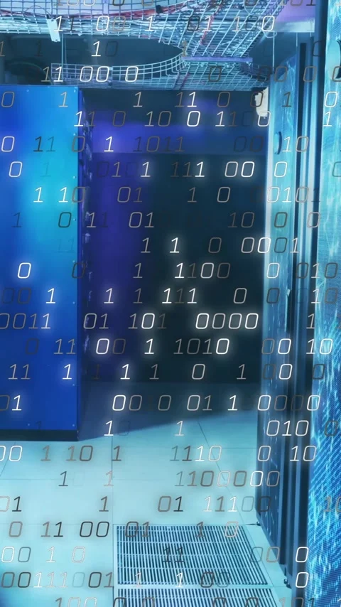 Binary code animation over server room with blue lighting Video stock 343159166