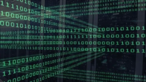 Binary code animation over servers in data center Stock Footage 327849261