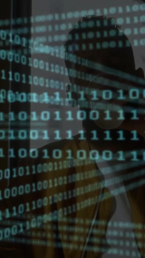 Binary code animation over silhouette of person in office setting Stock Footage 319416200