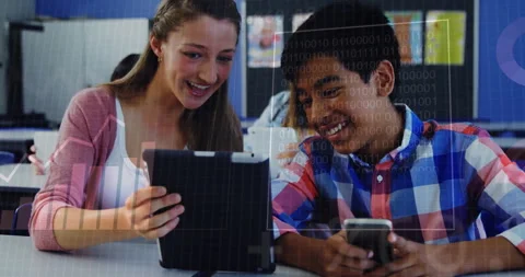 Binary code animation over students using tablet and smartphone in classroom Stock Footage 305893489