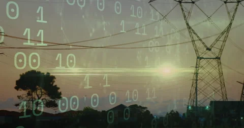 Binary code animation over sunset landscape with power lines and trees Stock Footage 306192052