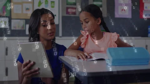 Binary code animation over teacher and student using tablet and reading book Stock Footage 303685180