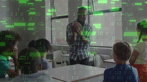 Binary code animation over teacher explaining concept to students in classroom Stock Footage 326422772