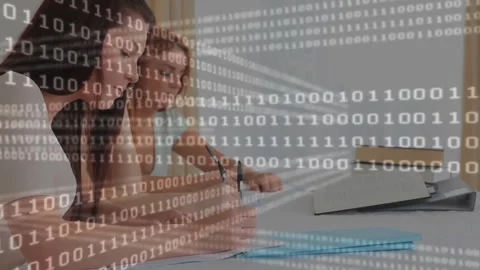 Binary code animation over women studying and writing in classroom Stock Footage 305366226