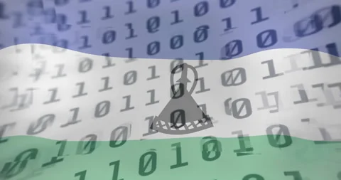 Binary code animation overlay on Lesotho flag waving in background Stock Footage 303587295