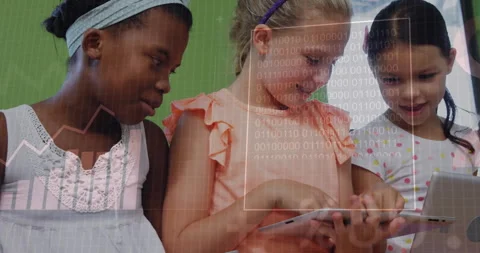 Binary code animation overlaying children using tablet together in school Stock Footage 305063389