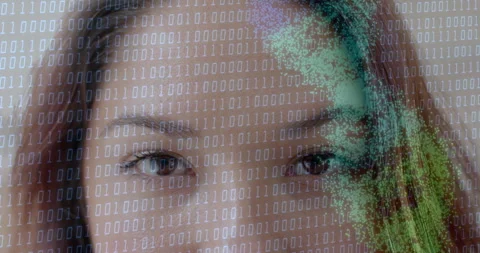 Binary code animation overlaying close-up of woman eyes, focusing on technology Stock Footage 303461312