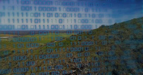 Binary code animation overlaying scenic landscape with hills and fields Stock Footage 306285073