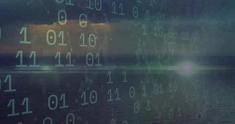 Binary code animation overlaying serene ocean landscape during dusk sky Stock Footage 330658412