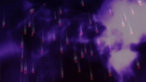 Binary code animation raining over purple and black abstract background Stock Footage 305117331