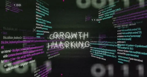 Binary code appearing causing panels circling GROWTH HACKING and glitching, Stock Footage 317128602