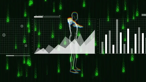 With binary code appearing, wireframe figure rotating panels sliding as charts Stock Footage 312898268